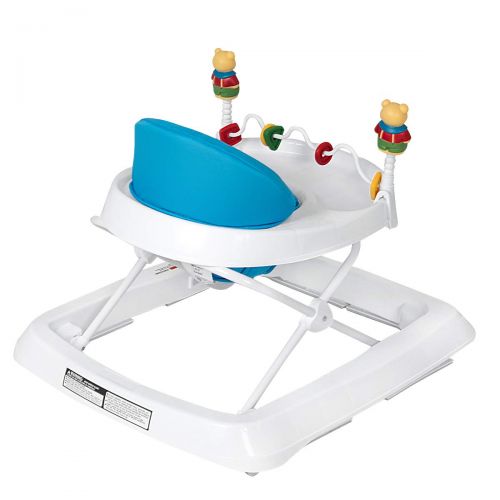  Baby JOY Baby Walker, Foldable Activity Walker Helper with Adjustable Height, Baby Activity Walker with High Back Padded Seat & Bear Toys, Blue