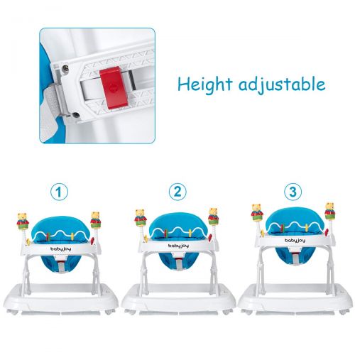  Baby JOY Baby Walker, Foldable Activity Walker Helper with Adjustable Height, Baby Activity Walker with High Back Padded Seat & Bear Toys, Blue