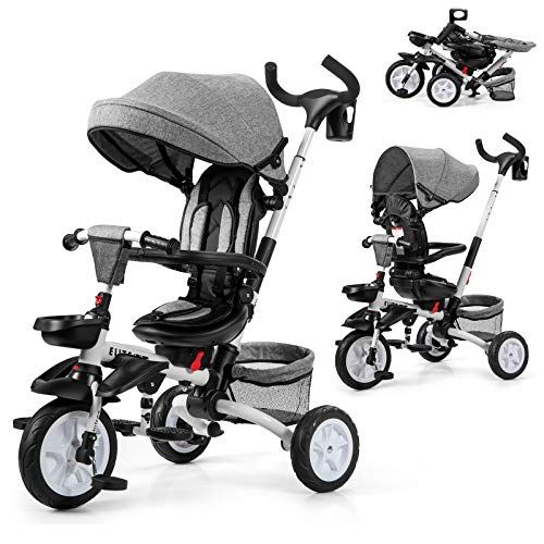  BABY JOY Baby Tricycle, 7-in-1 Kids Folding Steer Stroller w/ Rotatable Seat, Adjustable Push Handle & Canopy, Safety Harness, Cup Holder, Storage Bag, Toddler Tricycle Trike for 1