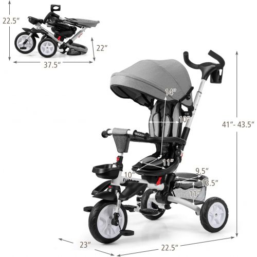  BABY JOY Baby Tricycle, 7-in-1 Kids Folding Steer Stroller w/ Rotatable Seat, Adjustable Push Handle & Canopy, Safety Harness, Cup Holder, Storage Bag, Toddler Tricycle Trike for 1