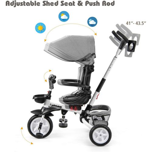  BABY JOY Baby Tricycle, 7-in-1 Kids Folding Steer Stroller w/ Rotatable Seat, Adjustable Push Handle & Canopy, Safety Harness, Cup Holder, Storage Bag, Toddler Tricycle Trike for 1