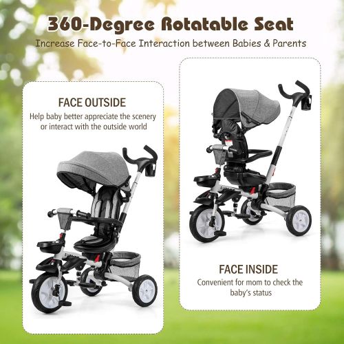  BABY JOY Baby Tricycle, 7-in-1 Kids Folding Steer Stroller w/ Rotatable Seat, Adjustable Push Handle & Canopy, Safety Harness, Cup Holder, Storage Bag, Toddler Tricycle Trike for 1