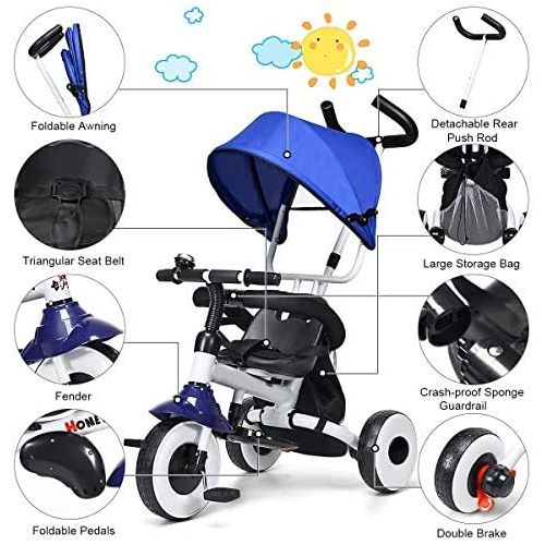  Baby Joy 4-in-1 Kids Tricycle Folding Baby Tricycle w/Adjustable Awning, Folding ABS Foot Pedals, Storage Bag, Sponge Guardrail, Shock-Absorbing Wheels, Tricycle for Children Aged