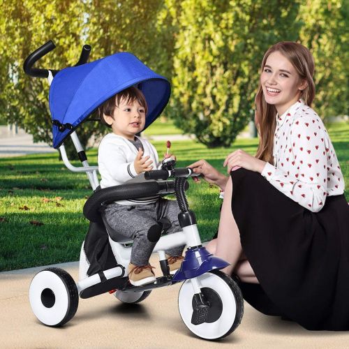  Baby Joy 4-in-1 Kids Tricycle Folding Baby Tricycle w/Adjustable Awning, Folding ABS Foot Pedals, Storage Bag, Sponge Guardrail, Shock-Absorbing Wheels, Tricycle for Children Aged