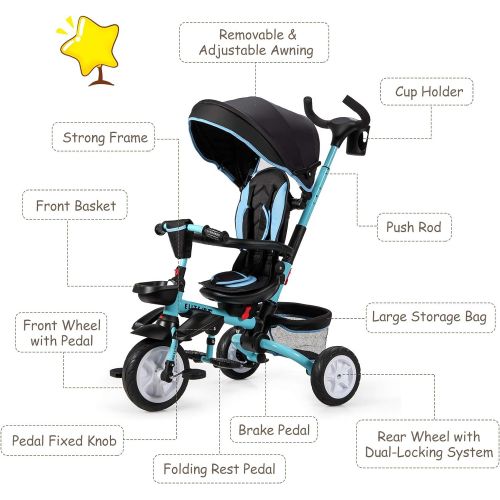  [아마존베스트]Baby Joy Baby Tricycle, 7-in-1 Kids Folding Steer Stroller with Rotatable Seat, Adjustable & Removable Canopy, Safety Harness, Push Handle, Storage Bag, Toddler Tricycle Trike for