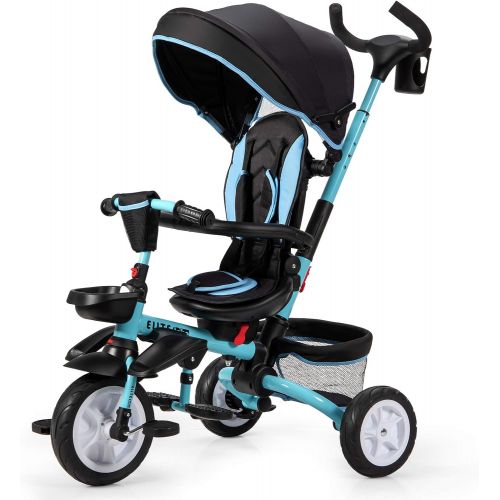  [아마존베스트]Baby Joy Baby Tricycle, 7-in-1 Kids Folding Steer Stroller with Rotatable Seat, Adjustable & Removable Canopy, Safety Harness, Push Handle, Storage Bag, Toddler Tricycle Trike for