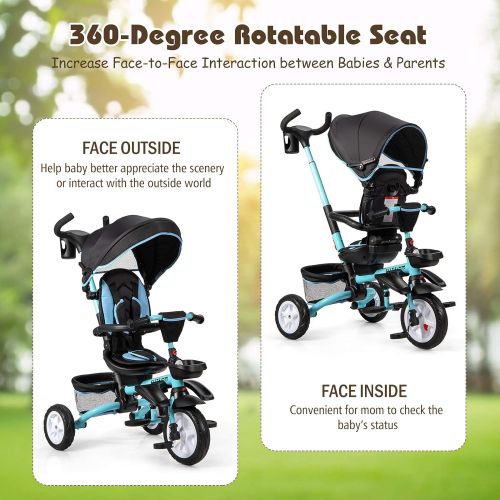  [아마존베스트]Baby Joy Baby Tricycle, 7-in-1 Kids Folding Steer Stroller with Rotatable Seat, Adjustable & Removable Canopy, Safety Harness, Push Handle, Storage Bag, Toddler Tricycle Trike for