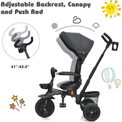  BABY JOY Baby Tricycle, 7-in-1 Kids Folding Steer Stroller w/ Rotatable Seat, Adjustable Push Handle & Removable Canopy, Safety Harness, Cup Holder, Storage, Toddler Tricycle Trike