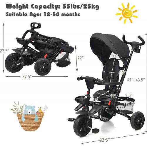  BABY JOY Baby Tricycle, 7-in-1 Kids Folding Steer Stroller w/ Rotatable Seat, Adjustable Push Handle & Removable Canopy, Safety Harness, Cup Holder, Storage, Toddler Tricycle Trike