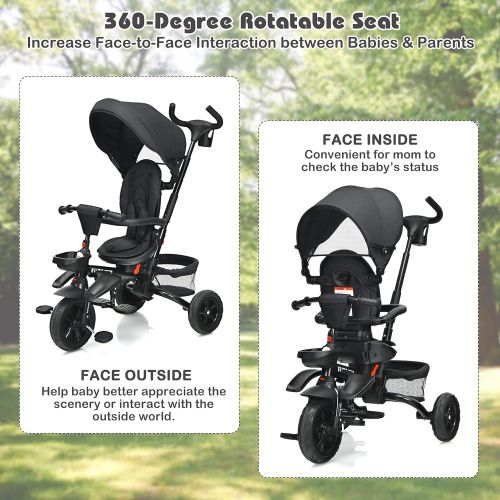  BABY JOY Baby Tricycle, 7-in-1 Kids Folding Steer Stroller w/ Rotatable Seat, Adjustable Push Handle & Removable Canopy, Safety Harness, Cup Holder, Storage, Toddler Tricycle Trike
