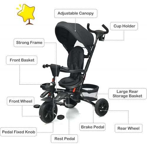  BABY JOY Baby Tricycle, 7-in-1 Kids Folding Steer Stroller w/ Rotatable Seat, Adjustable Push Handle & Removable Canopy, Safety Harness, Cup Holder, Storage, Toddler Tricycle Trike