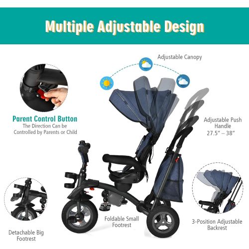  BABY JOY Toddler Tricycle, 7 in 1 Folding Steer Trike w/Rotatable Seat, Adjustable Canopy, Push Handle, Guardrail, Safety Harness, Brakes, Cup Holder & Storage, Tricycle for Toddle