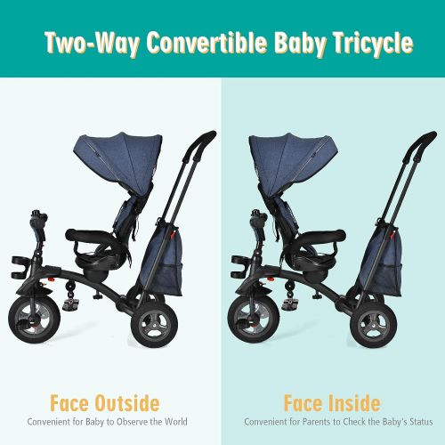  BABY JOY Toddler Tricycle, 7 in 1 Folding Steer Trike w/Rotatable Seat, Adjustable Canopy, Push Handle, Guardrail, Safety Harness, Brakes, Cup Holder & Storage, Tricycle for Toddle