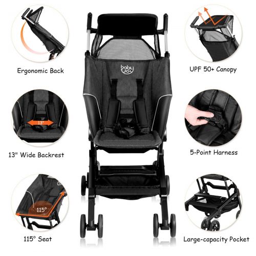  BABY JOY Pocket Stroller, Extra Lightweight Compact Folding Stroller, Aluminum Structure, Five-Point Harness, Easy Handling for Travel, Airplane Compartment, Includes Travel Bag, N