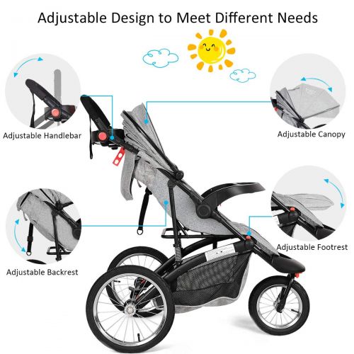  Baby & Joy BabyJoy Jogger Stroller, Infant Travel Portable Jogging Stroller, Folding Pushchair wCup Phone Holder, Adjustable Handle Bar, Free Tractive Webbing (Gray)