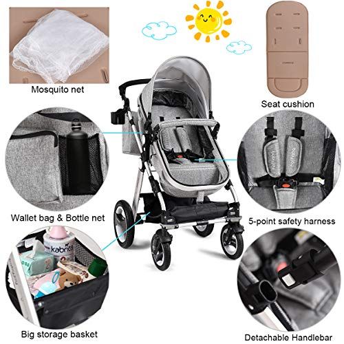  Baby JOY Baby Stroller, 2-in-1 Convertible Bassinet Reclining Stroller, Foldable Pram Carriage with 5-Point Harness, Including Cup Holder, Foot Cover, Diaper Bag, Aluminum Structur