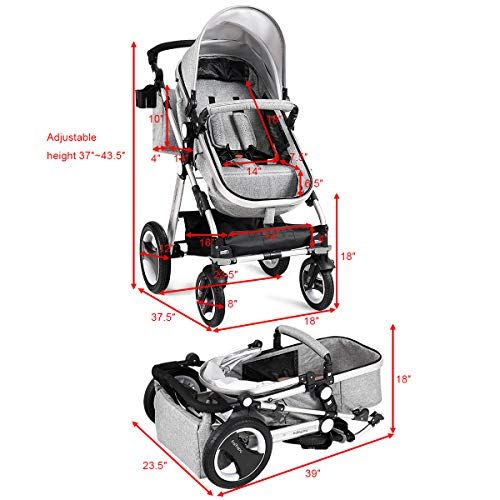  Baby JOY Baby Stroller, 2-in-1 Convertible Bassinet Reclining Stroller, Foldable Pram Carriage with 5-Point Harness, Including Cup Holder, Foot Cover, Diaper Bag, Aluminum Structur