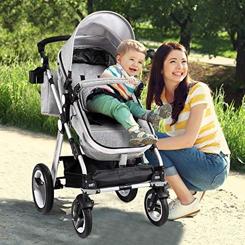  Baby JOY Baby Stroller, 2-in-1 Convertible Bassinet Reclining Stroller, Foldable Pram Carriage with 5-Point Harness, Including Cup Holder, Foot Cover, Diaper Bag, Aluminum Structur