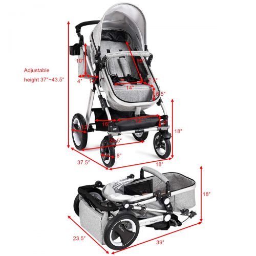  Baby JOY Baby Stroller, 2-in-1 Convertible Bassinet Reclining Stroller, Foldable Pram Carriage with 5-Point Harness, Including Cup Holder, Foot Cover, Diaper Bag, Aluminum Structur