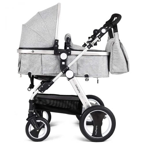  Baby JOY Baby Stroller, 2-in-1 Convertible Bassinet Reclining Stroller, Foldable Pram Carriage with 5-Point Harness, Including Cup Holder, Foot Cover, Diaper Bag, Aluminum Structur
