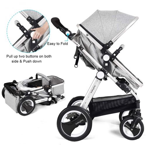  Baby JOY Baby Stroller, 2-in-1 Convertible Bassinet Reclining Stroller, Foldable Pram Carriage with 5-Point Harness, Including Cup Holder, Foot Cover, Diaper Bag, Aluminum Structur