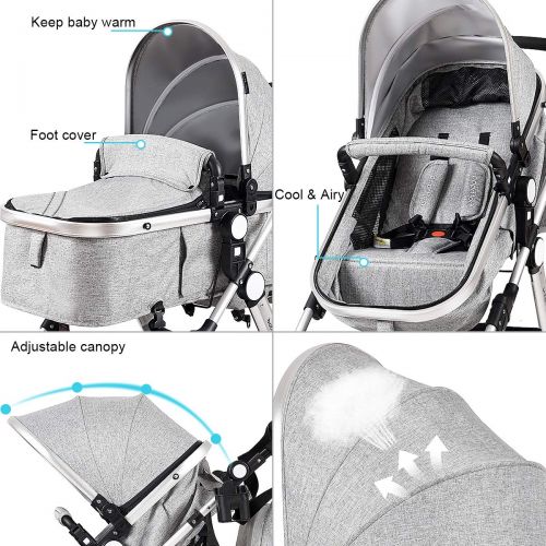  Baby JOY Baby Stroller, 2-in-1 Convertible Bassinet Reclining Stroller, Foldable Pram Carriage with 5-Point Harness, Including Cup Holder, Foot Cover, Diaper Bag, Aluminum Structur