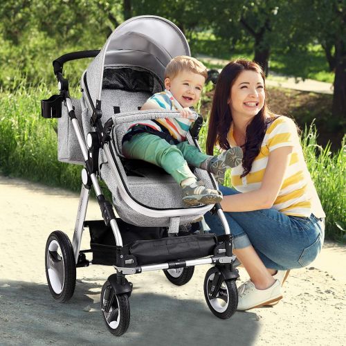  Baby JOY Baby Stroller, 2-in-1 Convertible Bassinet Reclining Stroller, Foldable Pram Carriage with 5-Point Harness, Including Cup Holder, Foot Cover, Diaper Bag, Aluminum Structur