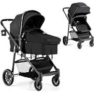 Baby JOY Baby Stroller, 2 in 1 Convertible Carriage Bassinet to Stroller, Pushchair with Foot Cover, Cup Holder, Large Storage Space, Wheels Suspension, 5-Point Harness (Black)