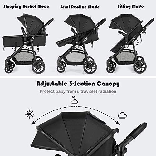  Baby JOY Baby Stroller, 2 in 1 Convertible Carriage Bassinet to Stroller, Pushchair with Foot Cover, Cup Holder, Large Storage Space, Wheels Suspension, 5-Point Harness (Black)