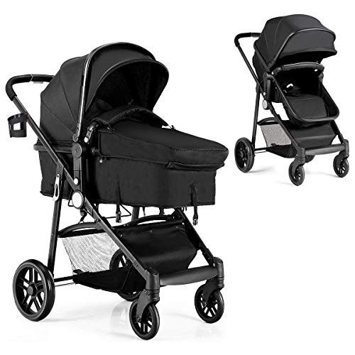  Baby JOY Baby Stroller, 2 in 1 Convertible Carriage Bassinet to Stroller, Pushchair with Foot Cover, Cup Holder, Large Storage Space, Wheels Suspension, 5-Point Harness (Black)