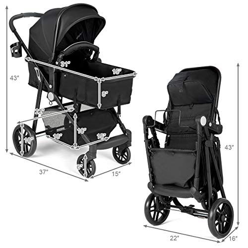  Baby JOY Baby Stroller, 2 in 1 Convertible Carriage Bassinet to Stroller, Pushchair with Foot Cover, Cup Holder, Large Storage Space, Wheels Suspension, 5-Point Harness (Black)