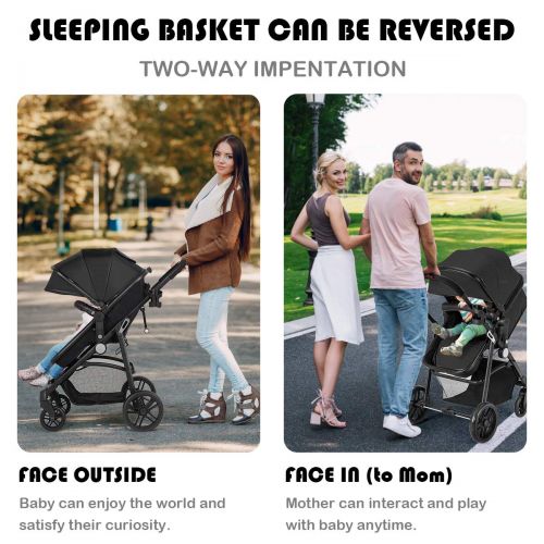  Baby JOY Baby Stroller, 2 in 1 Convertible Carriage Bassinet to Stroller, Pushchair with Foot Cover, Cup Holder, Large Storage Space, Wheels Suspension, 5-Point Harness (Black)