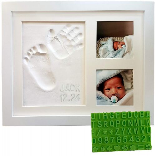  Baby Mushroom Baby Handprint & Footprint Keepsake Photo Frame Kit - Personzalize it w/Free Stencil! Non-Toxic Clay, Wall/Table Wood Picture Frame. Perfect Registry, Baby Shower, New Mom, Birthda