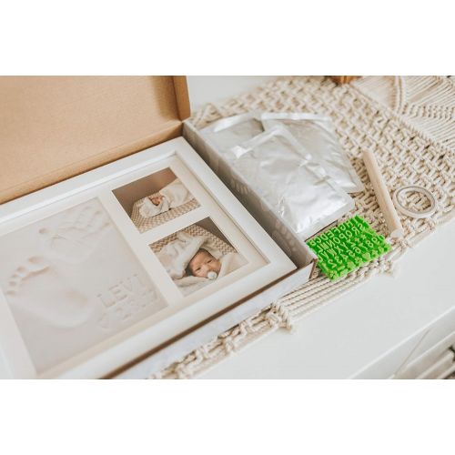  Baby Mushroom Baby Handprint & Footprint Keepsake Photo Frame Kit - Personzalize it w/Free Stencil! Non-Toxic Clay, Wall/Table Wood Picture Frame. Perfect Registry, Baby Shower, New Mom, Birthda