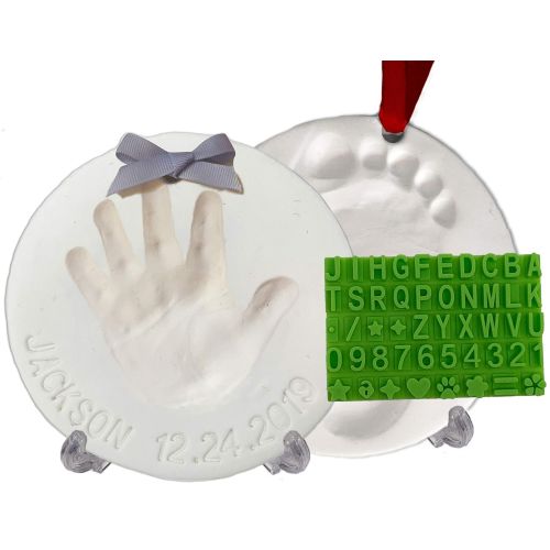  Baby Mushroom Baby Handprint Footprint Keepsake Ornament Kit (Makes 2) - Bonus Stencil for Personalized Newborn New Mom & Shower Gifts. 2 Display Stands! Non-Toxic Air Dry Clay. Dries Light & So