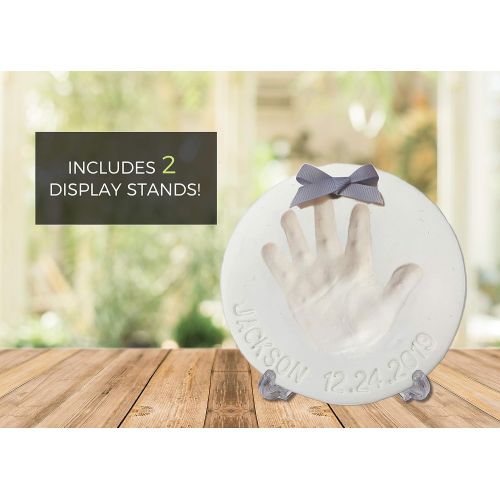  Baby Mushroom Baby Handprint Footprint Keepsake Ornament Kit (Makes 2) - Bonus Stencil for Personalized Newborn New Mom & Shower Gifts. 2 Display Stands! Non-Toxic Air Dry Clay. Dries Light & So