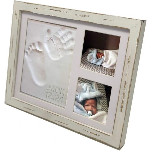  Baby Mushroom Distressed Baby Handprint & Footprint Picture Frame Kit - Rustic 9 x 11 Wood Photo Frame & Clay Keepsake for Newborns. Bonus Stencil Included for a Personalized Registry, New Mom o