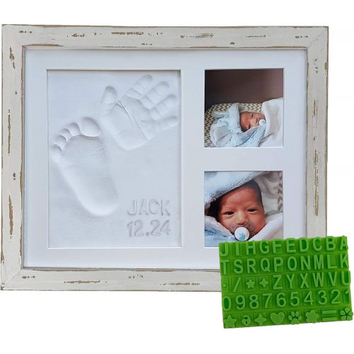  Baby Mushroom Distressed Baby Handprint & Footprint Picture Frame Kit - Rustic 9 x 11 Wood Photo Frame & Clay Keepsake for Newborns. Bonus Stencil Included for a Personalized Registry, New Mom o