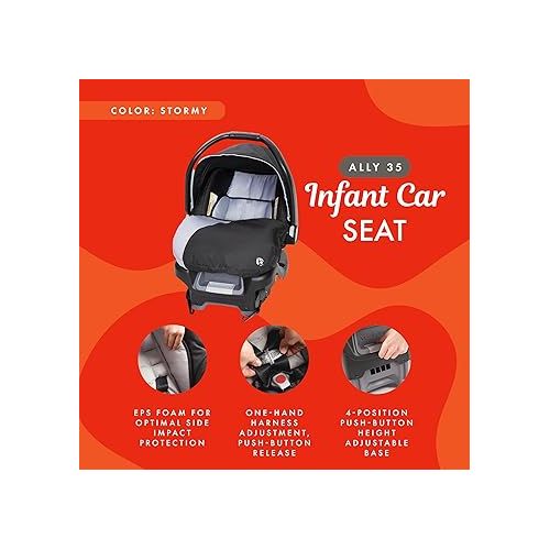  Baby Trend Ally Newborn Baby Infant Car Seat Carrier Travel System with Harness and Extra Cozy Cover for Babies Up to 35 Pounds, Stormy