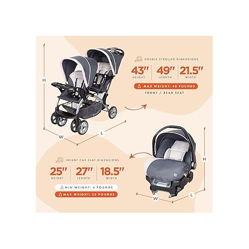  Baby Trend Sit N Stand Easy Fold Travel Double Baby Dual Stroller and Single Infant Car Seat Travel System with Safety Harnesses and Cover, Magnolia