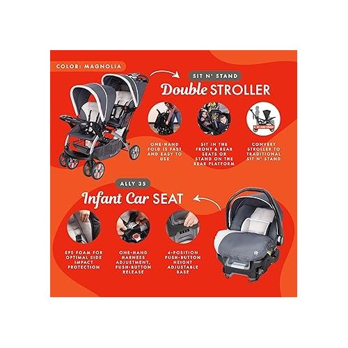  Baby Trend Sit N Stand Easy Fold Travel Double Baby Dual Stroller and Single Infant Car Seat Travel System with Safety Harnesses and Cover, Magnolia