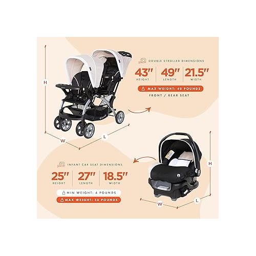  Baby Trend Sit N Stand Easy Fold Travel Double Baby Stroller and Single Infant Car Seat Travel System with Safety Harnesses and Cover, Khaki