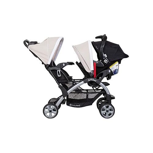  Baby Trend Sit N Stand Easy Fold Travel Double Baby Stroller and Single Infant Car Seat Travel System with Safety Harnesses and Cover, Khaki