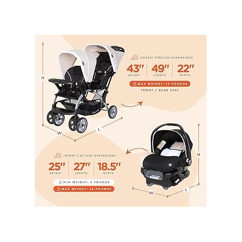  Baby Trend Sit N Stand Easy Fold Travel Double Baby Stroller and 2 Single Infant Car Seats Travel System with Safety Harnesses and Cover, Khaki