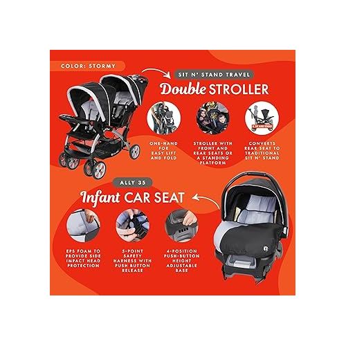  Baby Trend Sit N Stand Easy Fold Travel Double Baby Stroller and Single Infant Car Seat Travel System with Safety Harnesses and Cover, Stormy