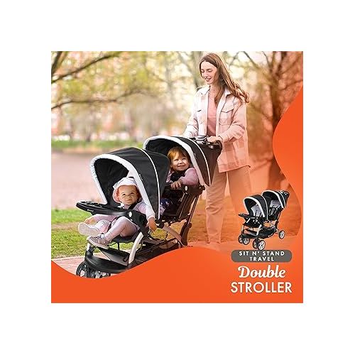  Baby Trend Sit N Stand Easy Fold Travel Double Baby Stroller and Single Infant Car Seat Travel System with Safety Harnesses and Cover, Stormy