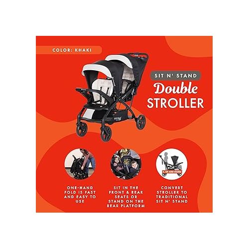  Baby Trend Sit N Stand Tandem Double Stroller 2.0 DLX with 5 Point Safety Harness, Shaded Canopy, Storage Compartment, and 2 Cup Holders, Modern Khaki