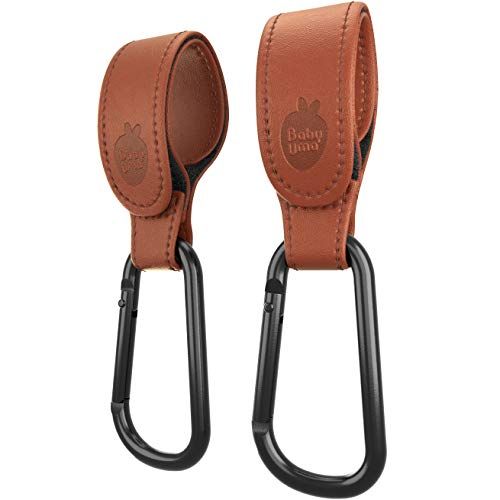  Brown Stroller Hooks by Baby Uma - Premium Leather Style Stroller Clip Straps