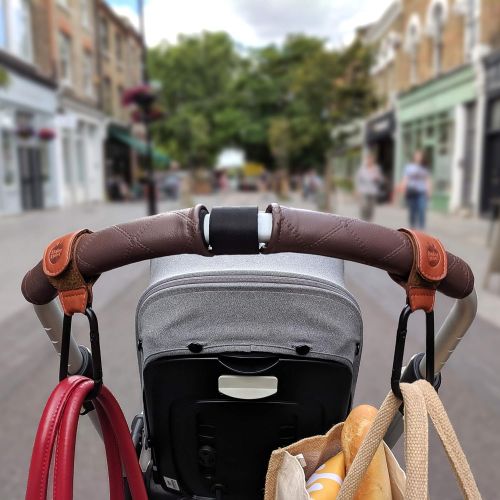  Brown Stroller Hooks by Baby Uma - Premium Leather Style Stroller Clip Straps