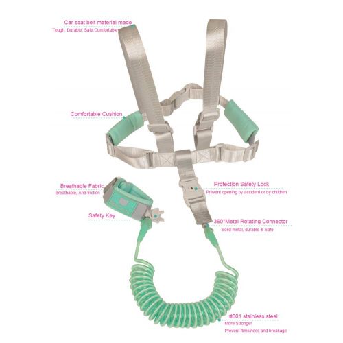  [아마존베스트]BabyAntiLost 2 in 1 Baby Leash Toddler Anti Lost Wrist Link and Vest Harness with Child Lock (Mint Green, 6.5ft Length)